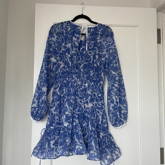 Jonathan Simkhai Harlowe Blouson Mini Dress Floral Print Pleated Keyhole Neck - Picture 9 of 11